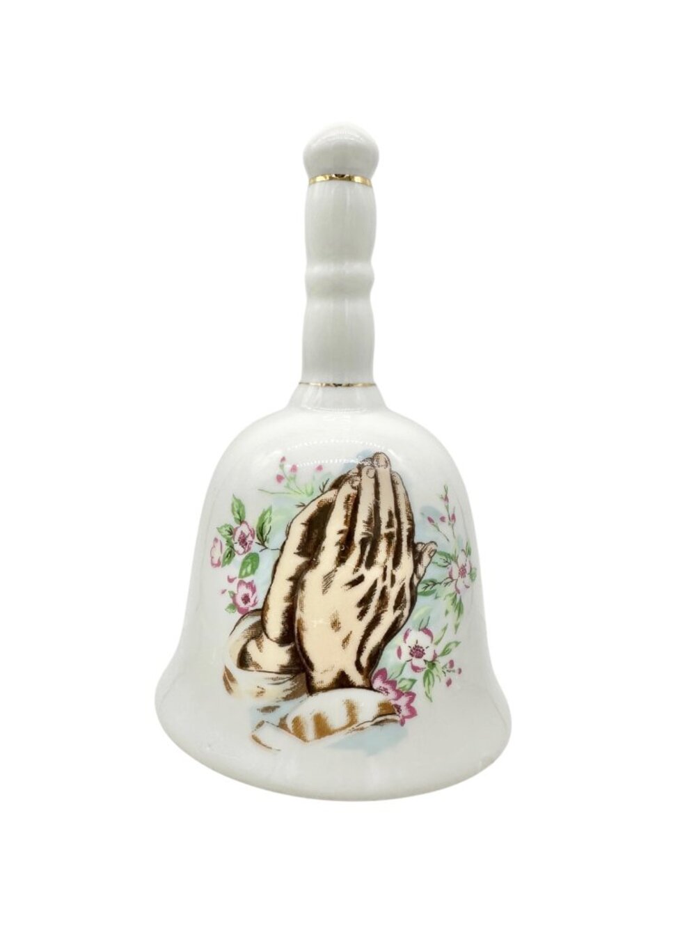 Porcelain Bell in White With Praying Hands Floral Design Gold Accents 4"H Taiwan